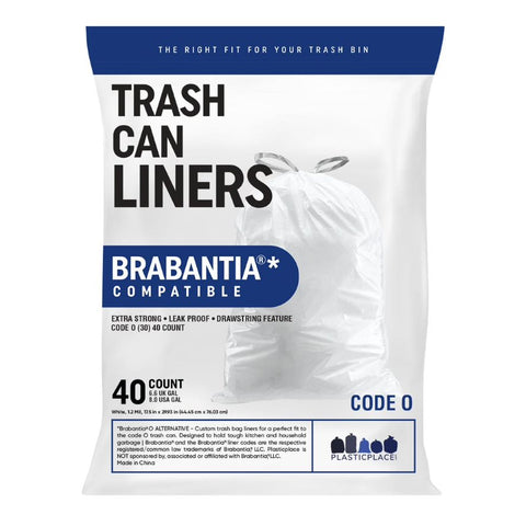 Plasticplace Bin Liners 8 Gal / 30 Litre Compatible with Brabantia (x) Code O, 1.2 Mil Thick, White Trash Bags, 17.5