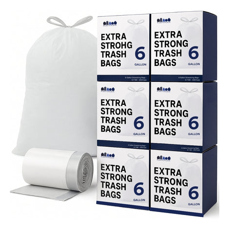 6 Gallon Drawstring Trash Bags, White, 0.7 Mil - 600 Count Bulk Pack