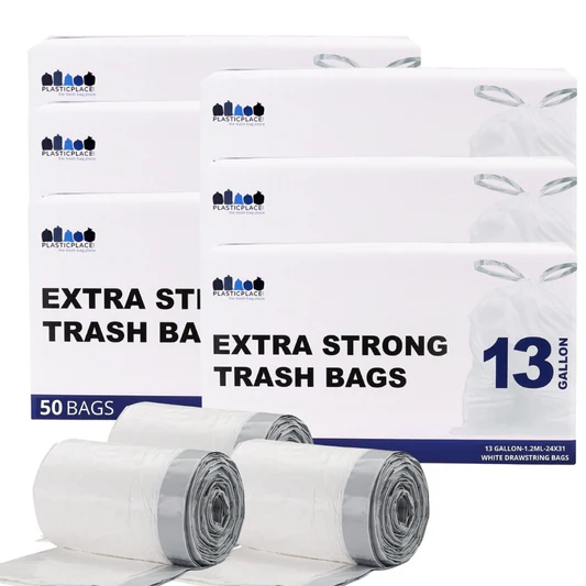 Wholesale 13 Gallon Extra Tall White Drawstring, White, 1.2 Mil - 300 Count Bulk Pack