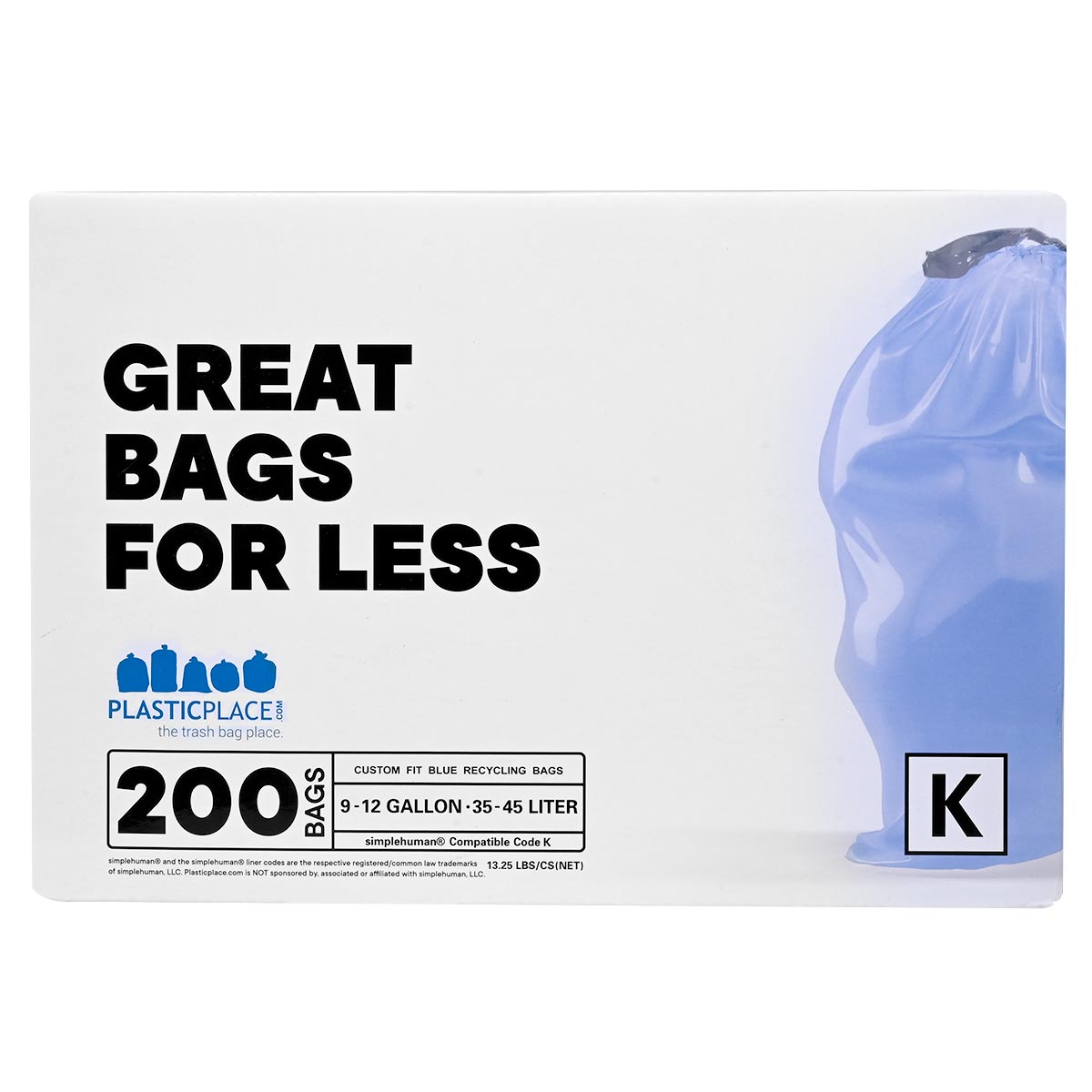 Simplehuman Compatible Blue Trash Bags - Code K - 10 Gallon