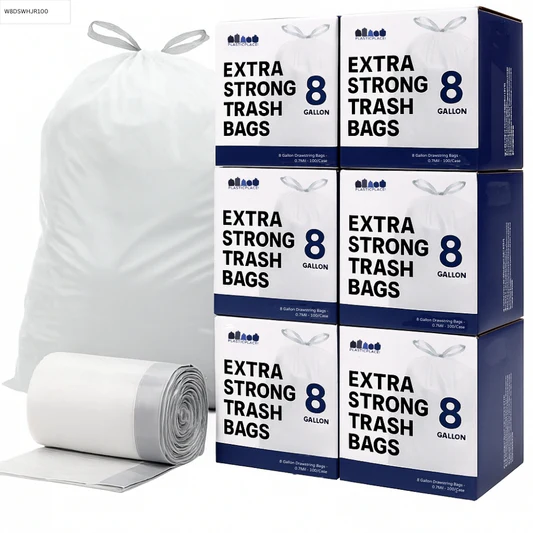 Wholesale 8 Gallon Drawstring Bags, 0.7 Mil, White - 600 Count