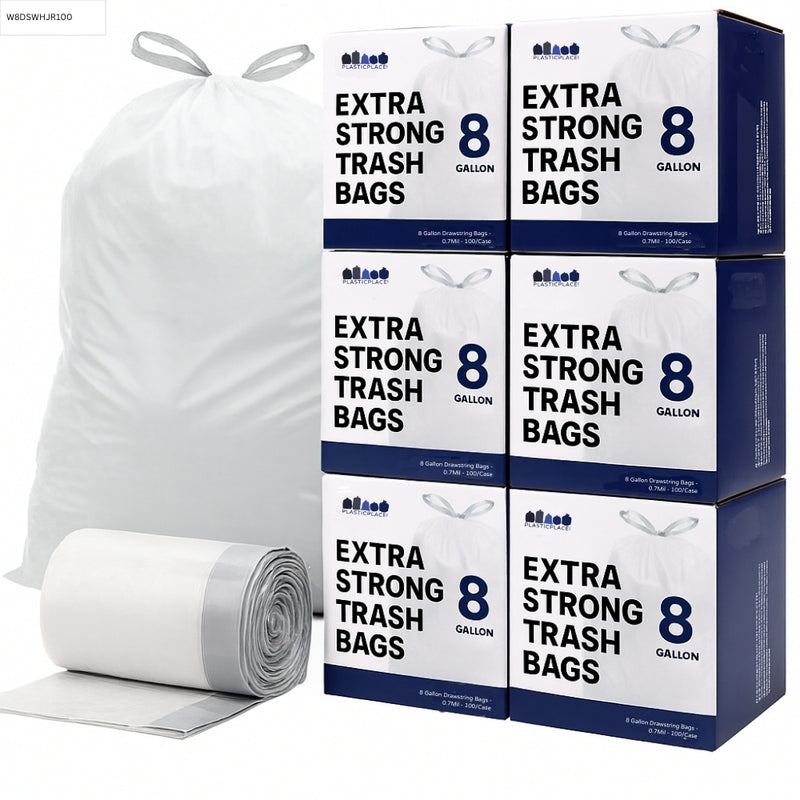 Wholesale 8 Gallon Drawstring Bags, 0.7 Mil, White - 600 Count