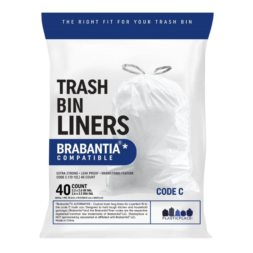 Plasticplace 13.2-16 Gallon Brabantia (X) Compatible Code H Trash Bags, 1.2 mil, White Bin Liners, 24W x 32H, (40 Count)