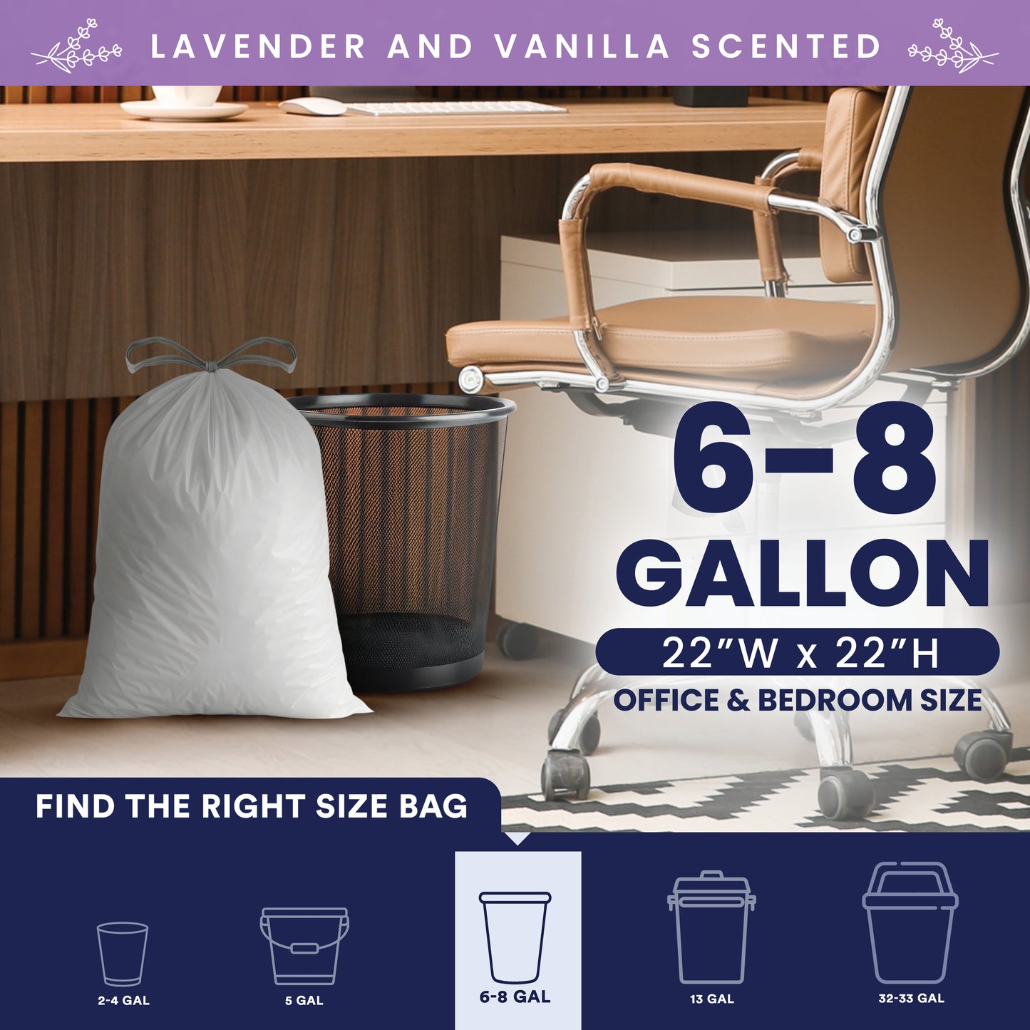 8 Gallon Drawstring Lavender & Vanilla Scented Bags - 0.7 Mil - 200/Case