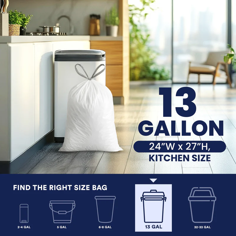13 Gallon Drawstring Bags - 1.2 Mil - 100/Case