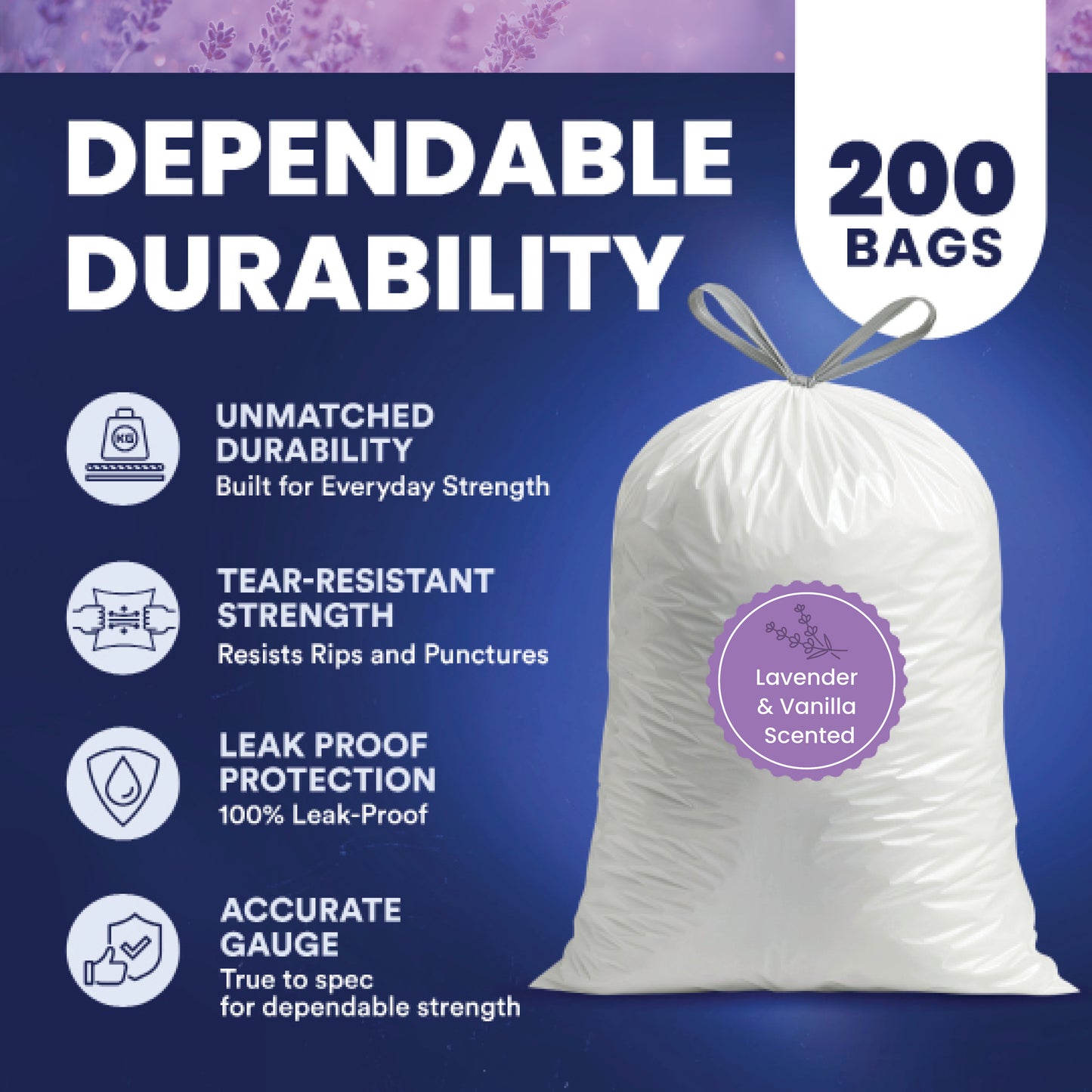 8 Gallon Drawstring Lavender & Vanilla Scented Bags - 0.7 Mil - 200/Case
