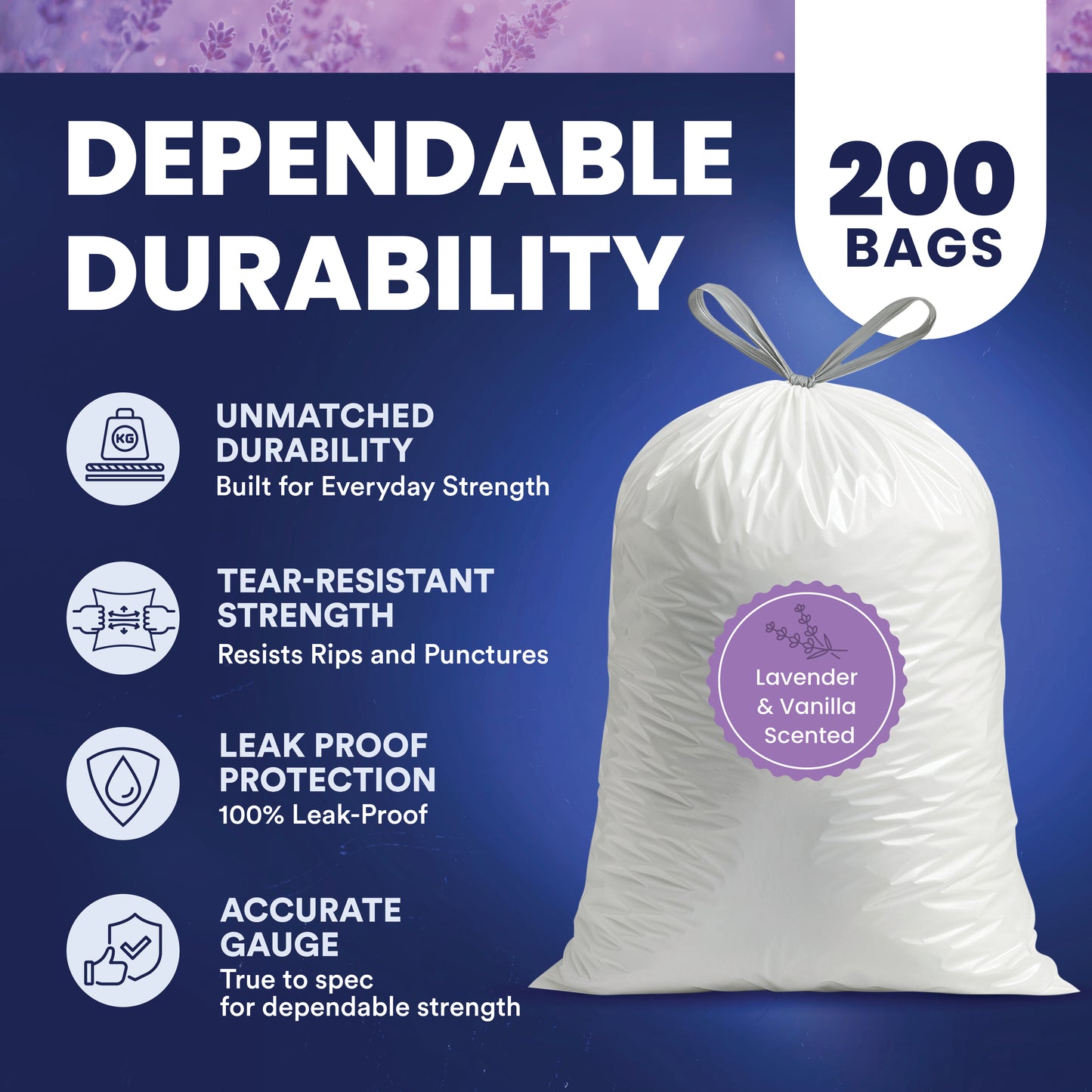 4 Gallon Drawstring Lavender & Vanilla Scented Bags - 0.7 Mil - 200/Case