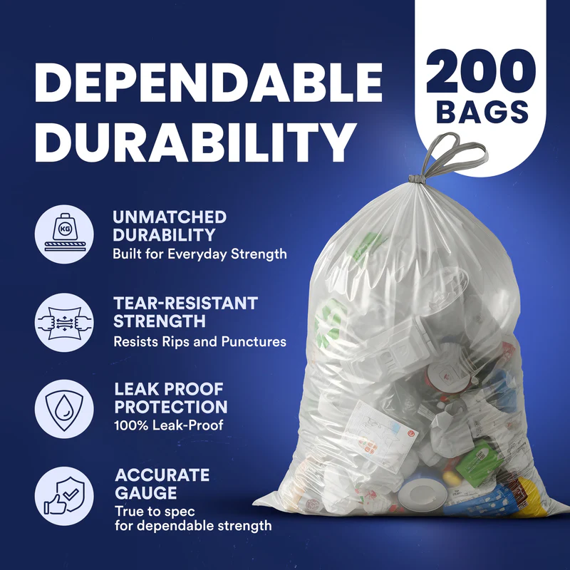 13 Gallon Extra Tall Clear Drawstring Bags - 1.0 Mil - 200/Case