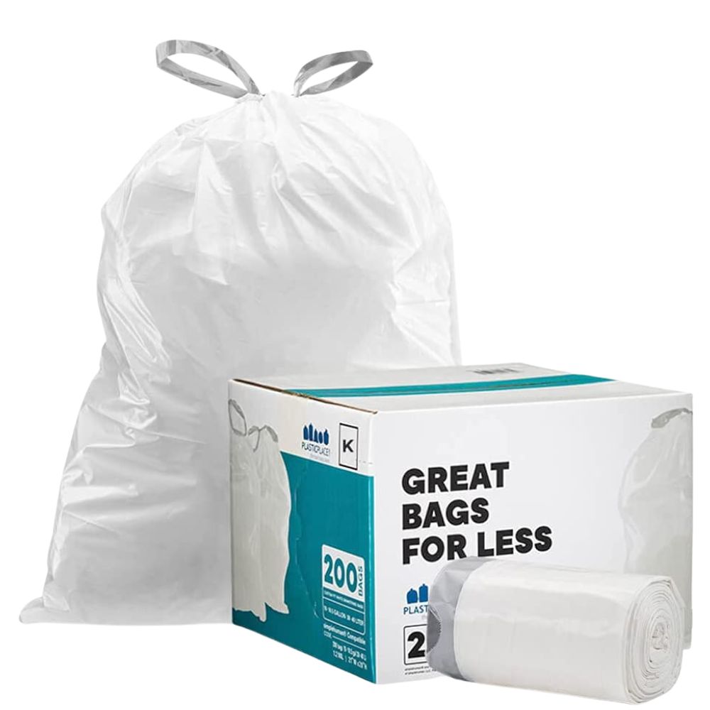 Plasticplace Trash Bags simplehuman Code K Compatible (200 Count) White Drawstring Garbage Liners 10 Gallon / 38 Liter 24.4 x 28