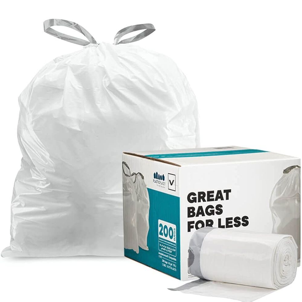 Plasticplace Simplehuman* Code V Compatible Drawstring Trash Bags, 4.2-4.8 Gallon (200 Count), White