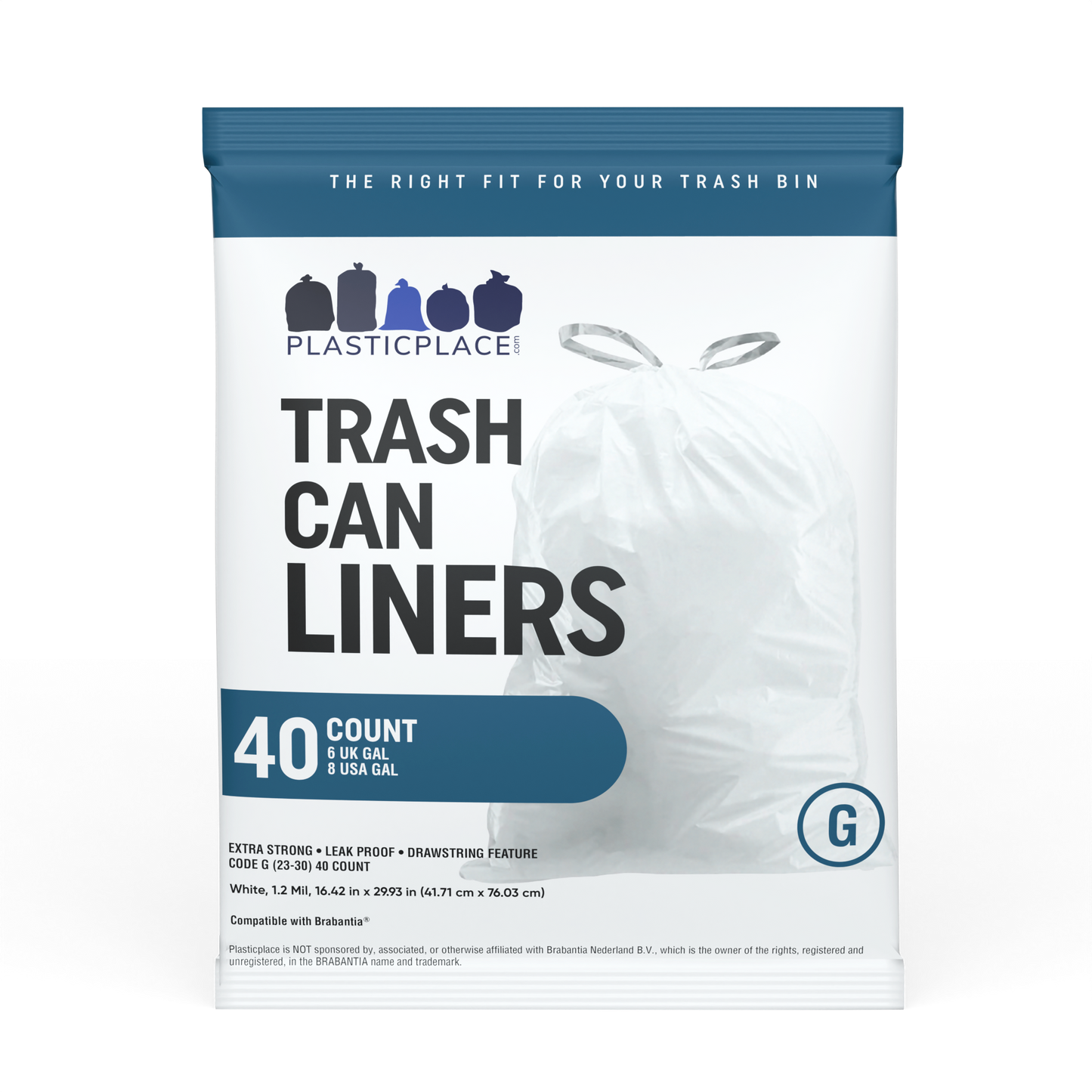 Plasticplace 6-8 Gallon Trash Bags│ Compatible with Brabantia Touch Trash Can New│ Code G Size│White│ 1.2 Mil│ 16.5" x 30" (40 Count)