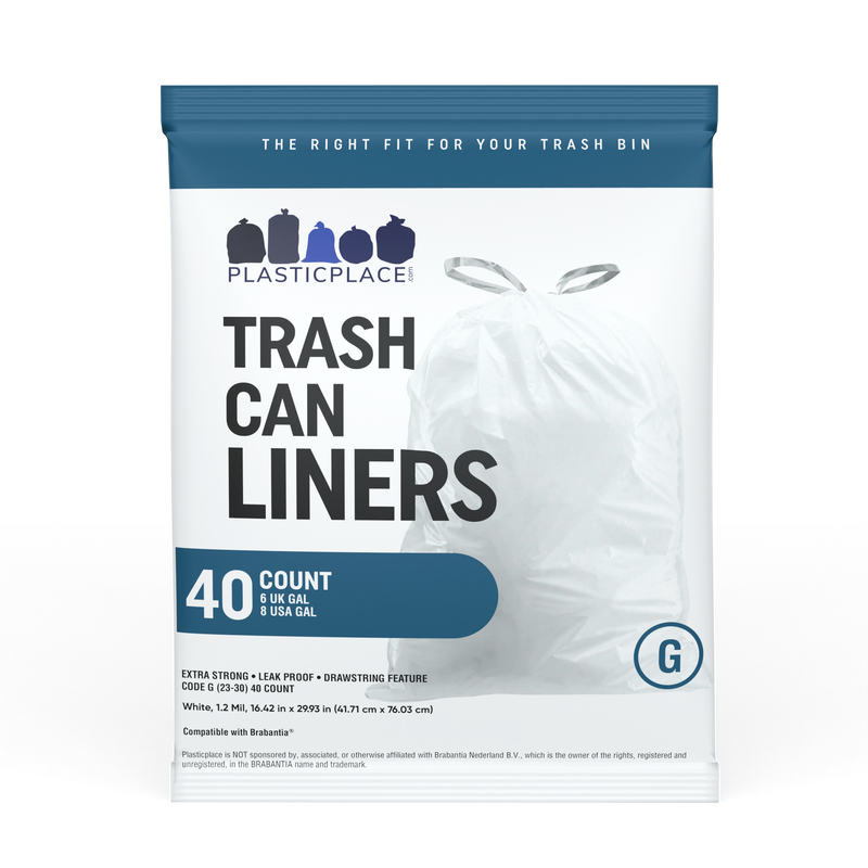 Plasticplace 6-8 Gallon Trash Bags│ Compatible with Brabantia Touch Trash Can New│ Code G Size│White│ 1.2 Mil│ 16.5" x 30" (40 Count)