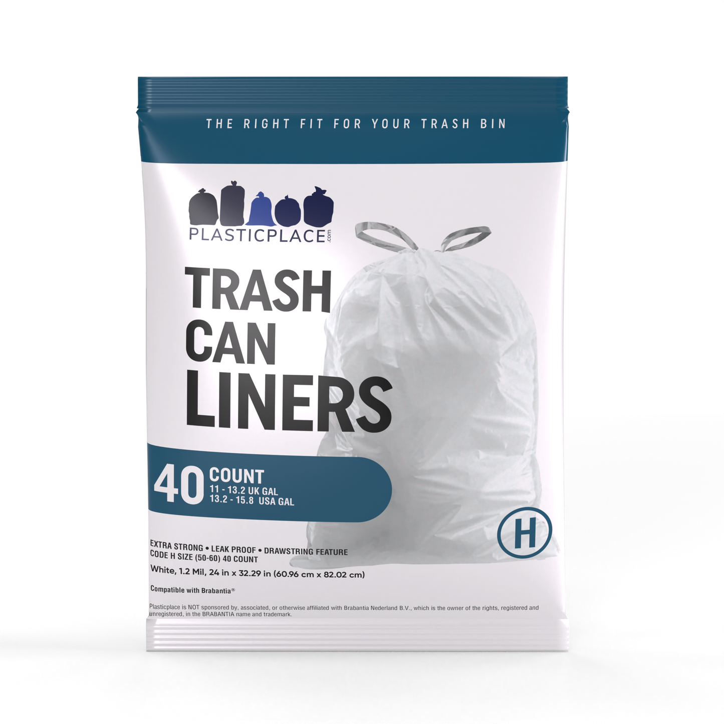 Plasticplace 13.2-16 Gallon Trash Bags│ Compatible with Brabantia Touch Top Trash Can│ Code H Size│ White│ 1.2 Mil│ 24" x 32" (40 Count)