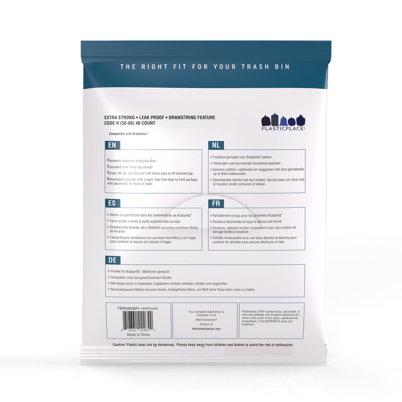 Plasticplace 13.2-16 Gallon Trash Bags│ Compatible with Brabantia Touch Top Trash Can│ Code H Size│ White│ 1.2 Mil│ 24" x 32" (40 Count)