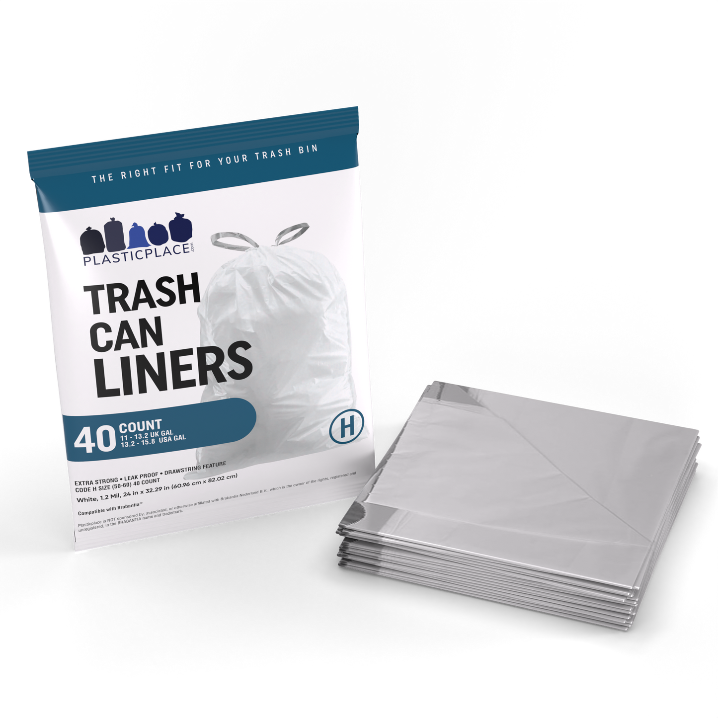 Plasticplace 13.2-16 Gallon Trash Bags│ Compatible with Brabantia Touch Top Trash Can│ Code H Size│ White│ 1.2 Mil│ 24" x 32" (40 Count)