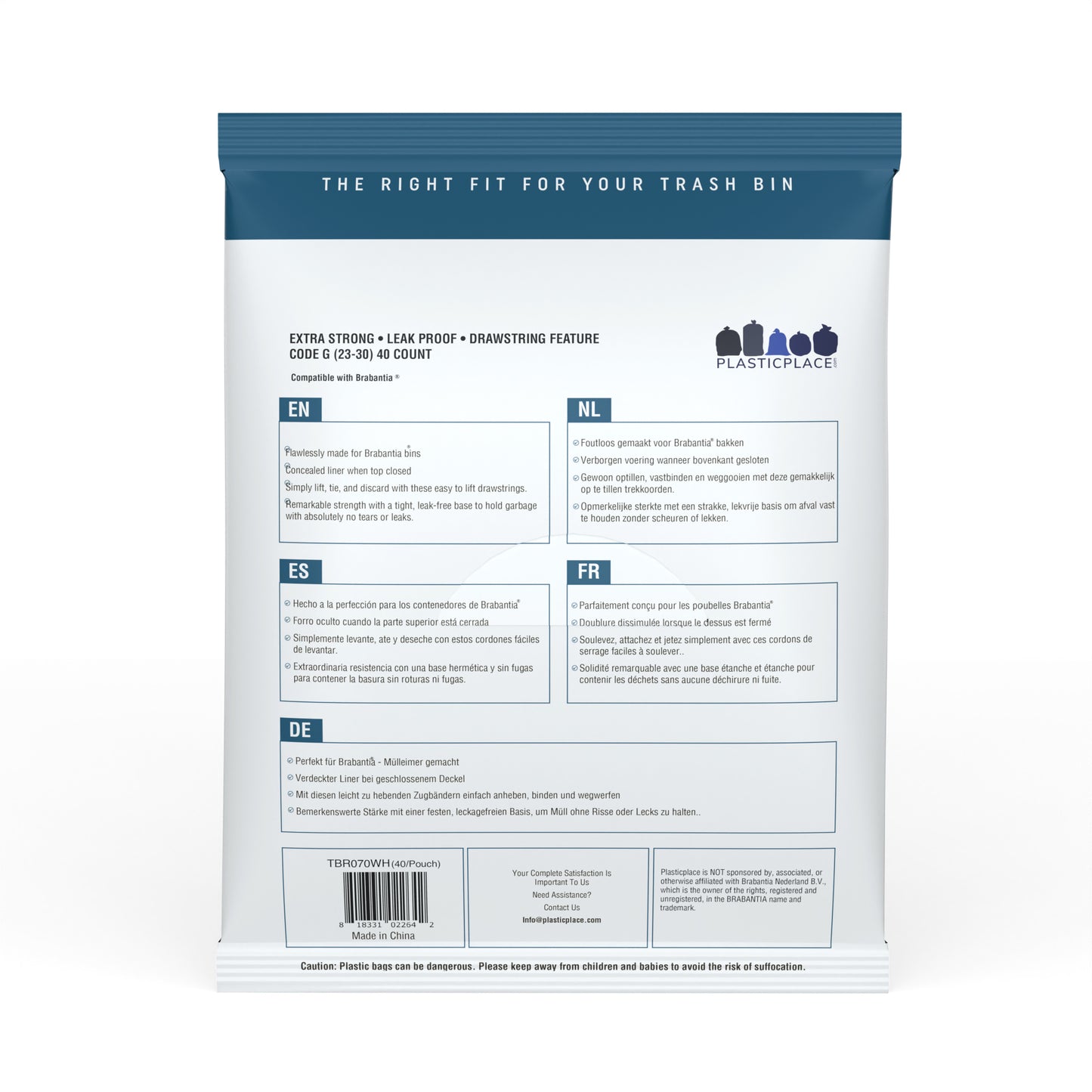 Plasticplace 6-8 Gallon Trash Bags│ Compatible with Brabantia Touch Trash Can New│ Code G Size│White│ 1.2 Mil│ 16.5" x 30" (40 Count)
