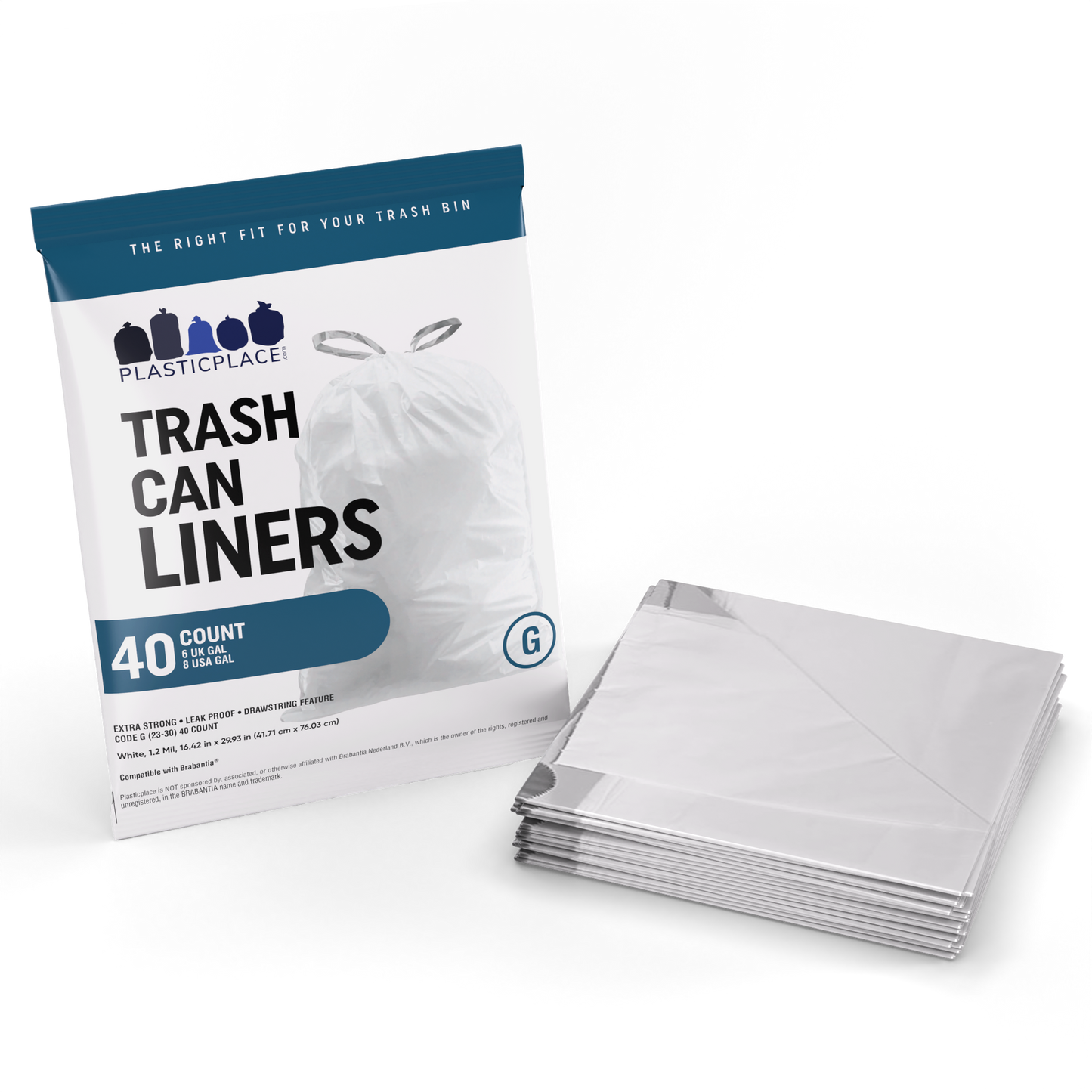 Plasticplace 6-8 Gallon Trash Bags│ Compatible with Brabantia Touch Trash Can New│ Code G Size│White│ 1.2 Mil│ 16.5" x 30" (40 Count)