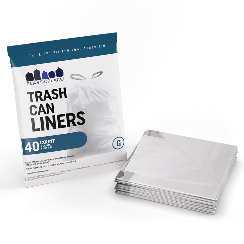 Plasticplace 6-8 Gallon Trash Bags│ Compatible with Brabantia Touch Trash Can New│ Code G Size│White│ 1.2 Mil│ 16.5" x 30" (40 Count)