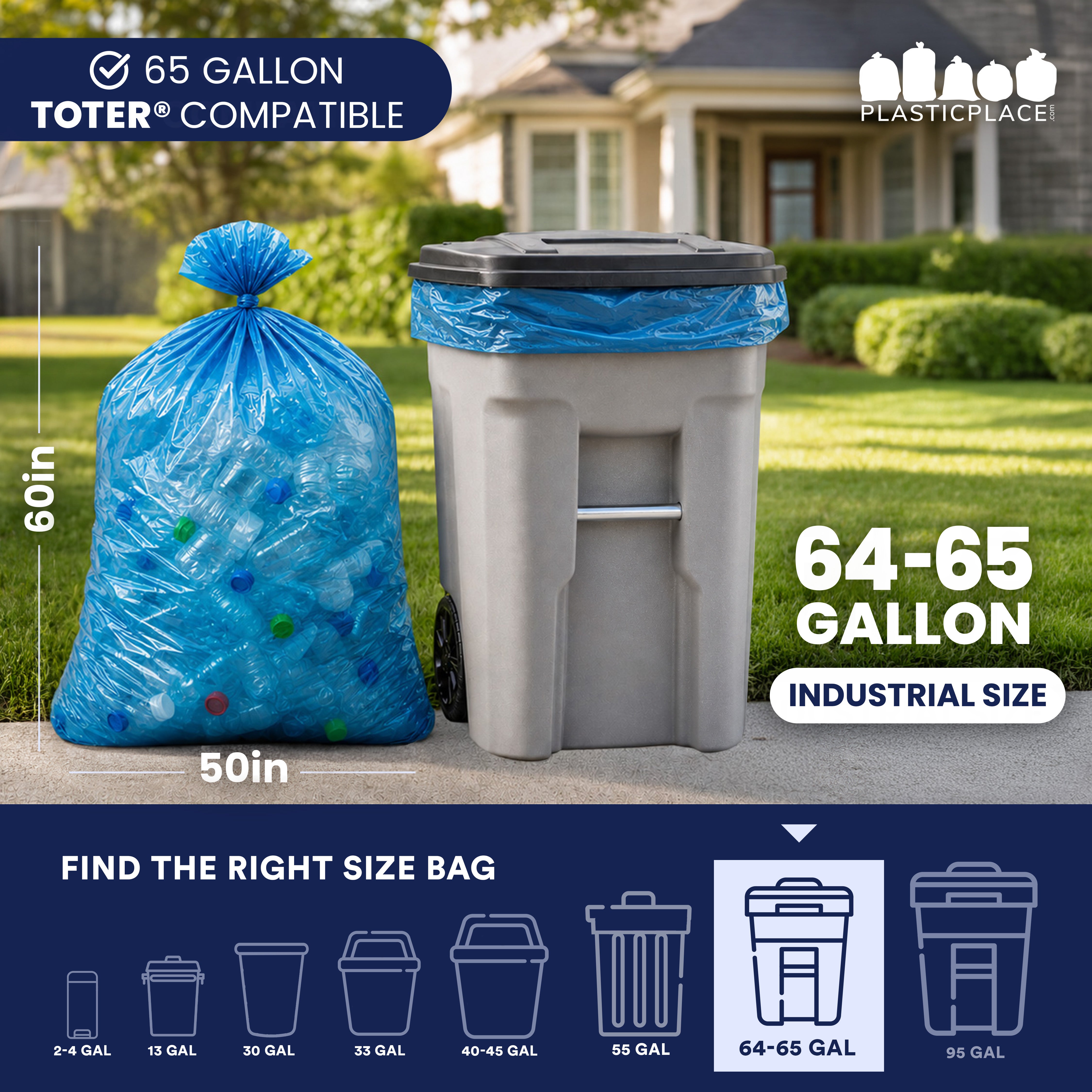 64 Gallon Toter Compatible Recycling Bags - 1.5 Mil - 50/Case
