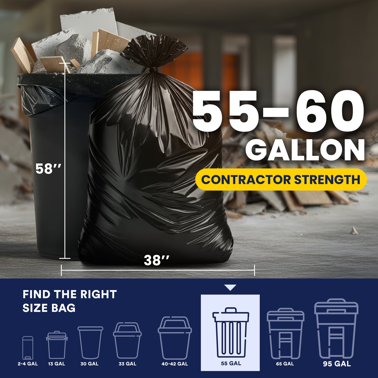 55-60 Gallon Contractor Bags - 3.0 Mil - 50/Case