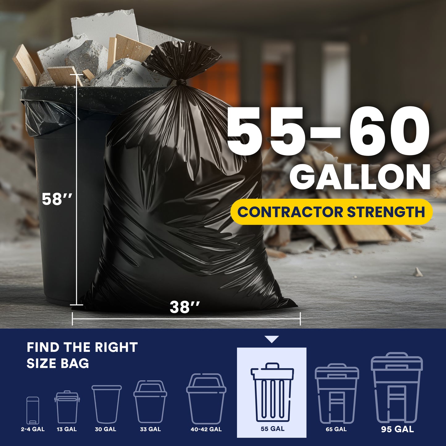 55-60 Gallon Contractor Bags - 6.0 Mil - 20/Case