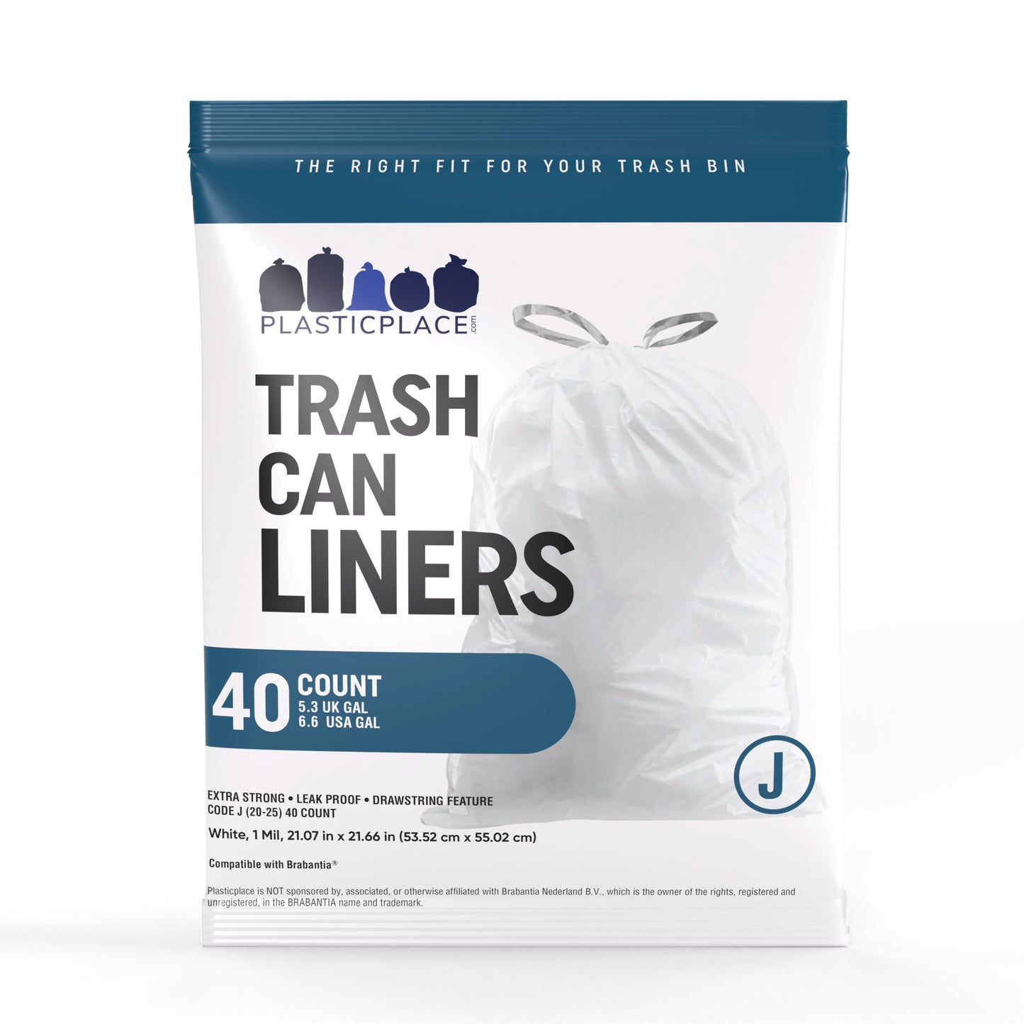 Plasticplace 5.3-6.6 Gallon Trash Bags│ Compatible with Brabantia Bo Touch Trash Can│ Code J Size│ White│ 1 Mil│ 21" x 21.5" (40 Count)