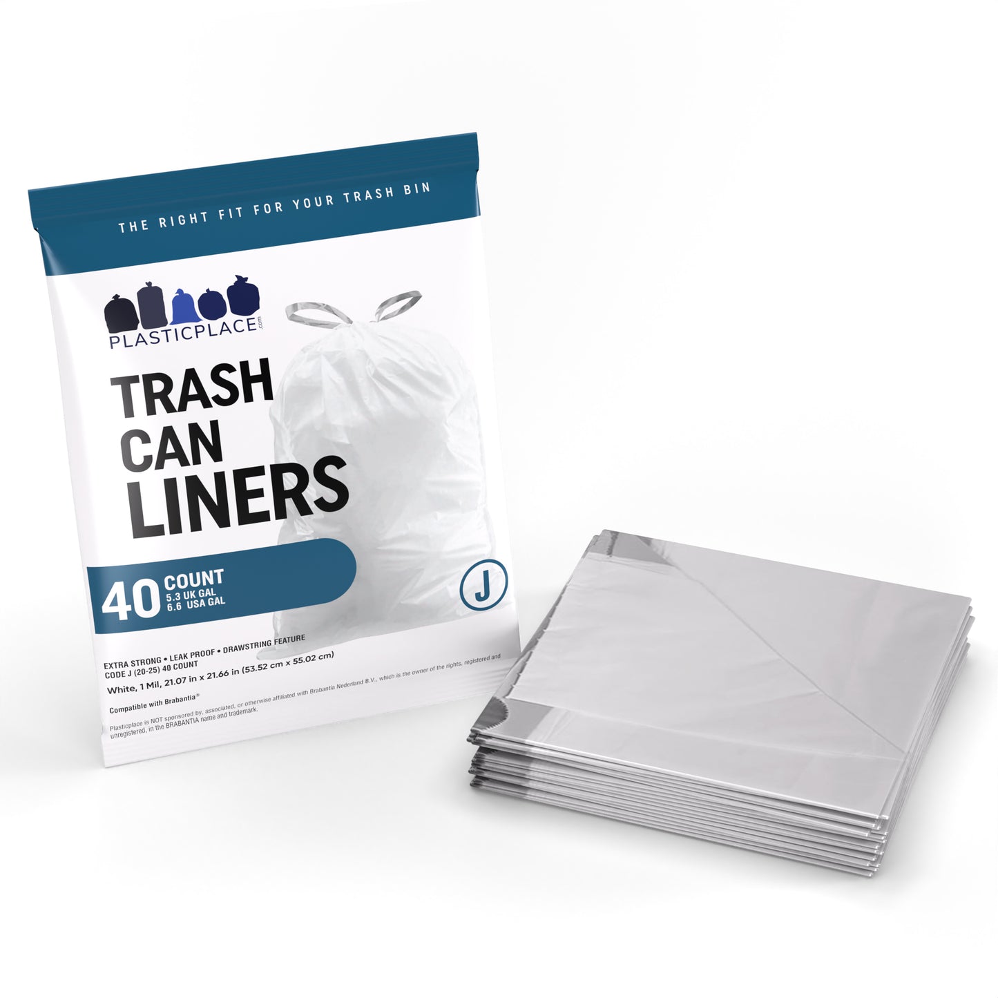 Plasticplace 5.3-6.6 Gallon Trash Bags│ Compatible with Brabantia Bo Touch Trash Can│ Code J Size│ White│ 1 Mil│ 21" x 21.5" (40 Count)