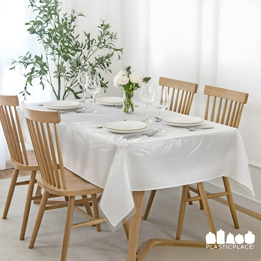 Pre-Cut Clear Plastic Disposable Tablecloth - Coreless Roll - 66x108"