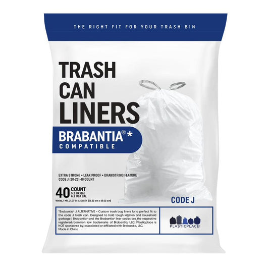 Plasticplace 5.3-6.6 Gallon Brabantia (x) Compatible Code J Trash Bags, 1.0 Mil, White Bin LIners, 21"W x 21.5"H (40 Count)