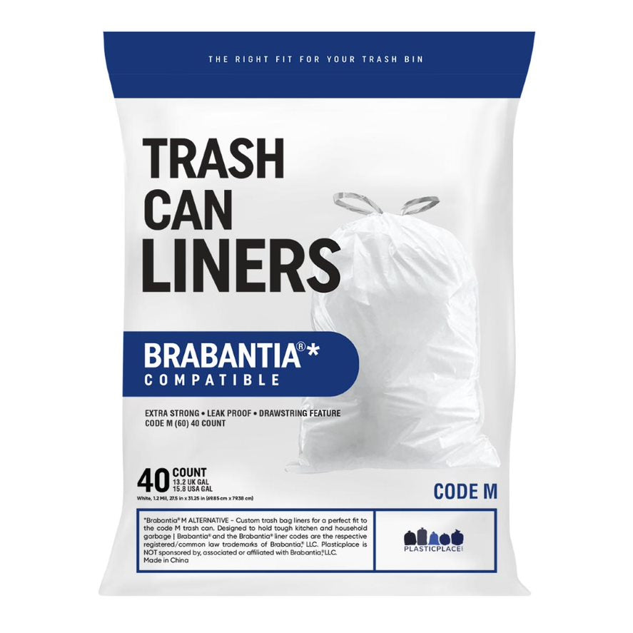 Plasticplace 16 Gallon Brabantia (x) Compatible Code M Trash Bag, 1.2 Mil, White Bin Liner, 27,5 W x 32"H, (40 Case)