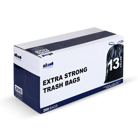 13 Gallon Extra Tall Black Drawstring Bags - 1.2 Mil - 200/Case