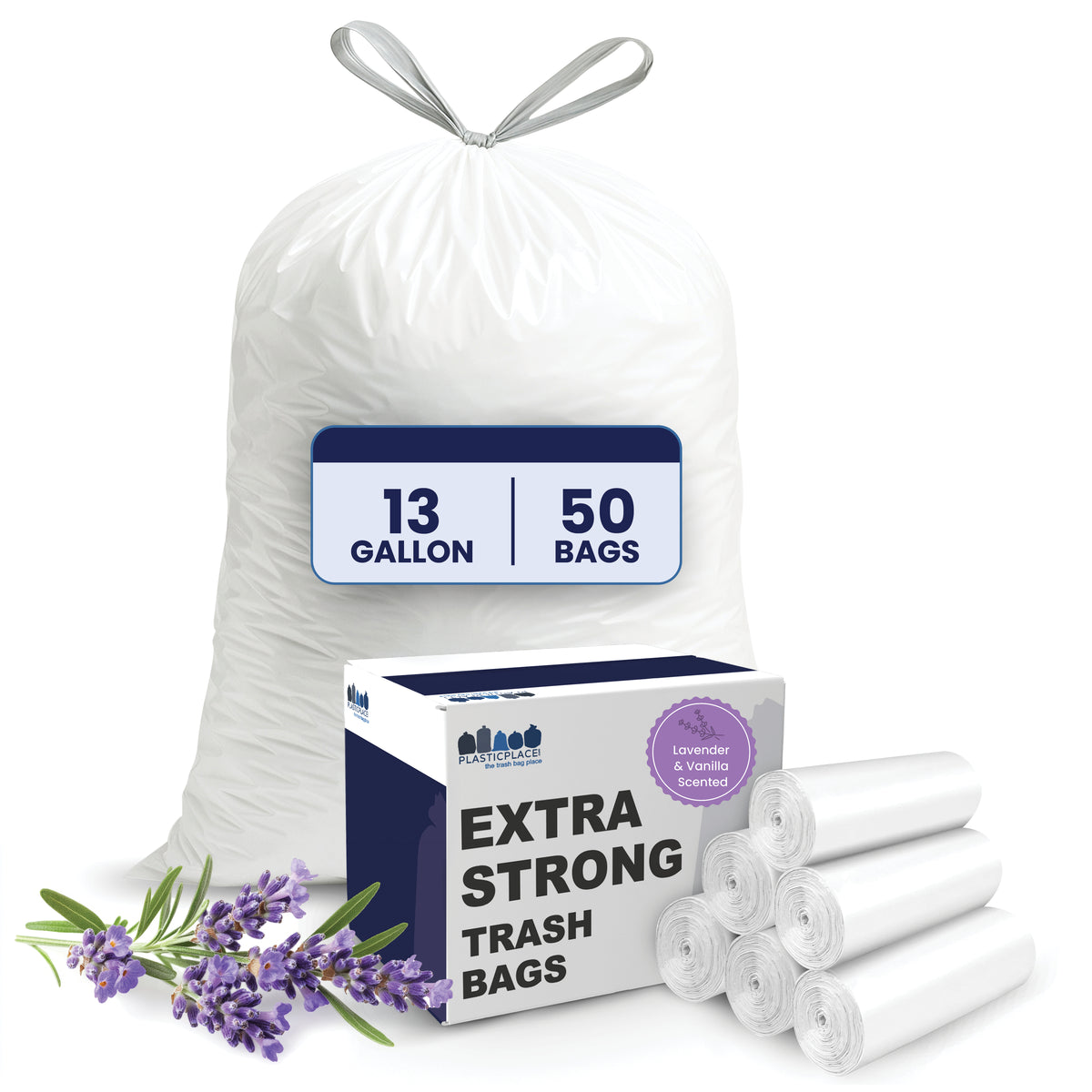 Wholesale 13 Gallon Extra Tall  Drawstring Trash Bags, 1.2 Mil Lavender & Vanilla Scented - 300 Count