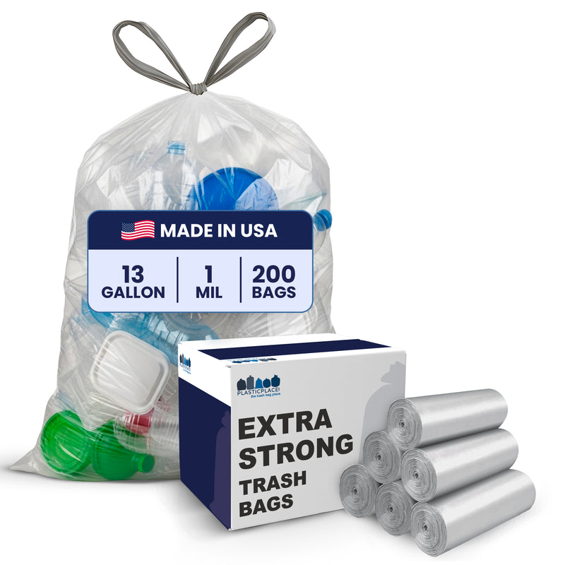 13 Gallon Extra Tall Clear Drawstring Bags - 1.0 Mil - 200/Case