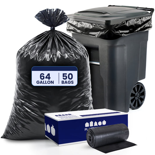 64-Gallon Toter Compatible Strong Black Trash Bags on Rolls - 2.0 Mil - 50/Case