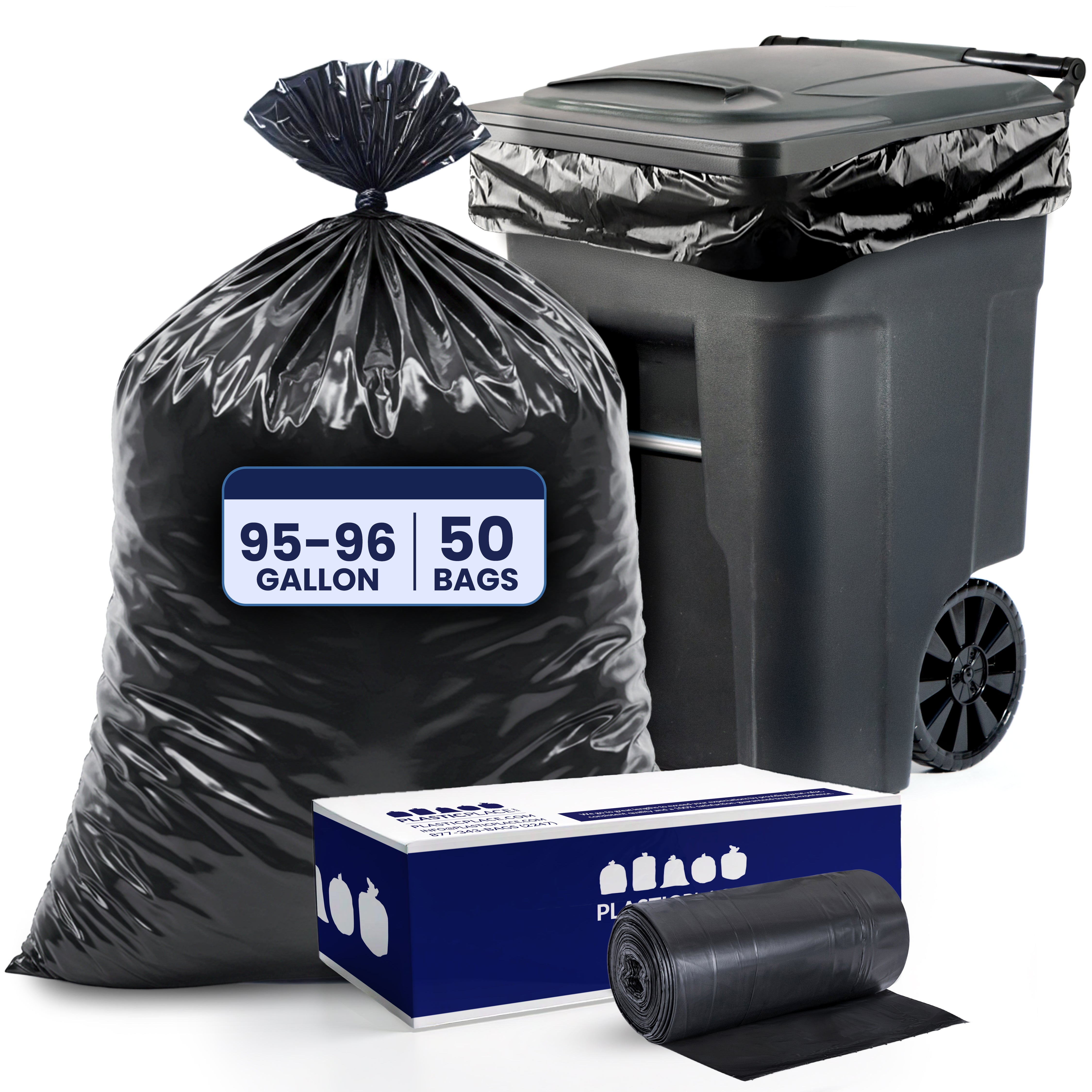 95-96 Gallon Trash Bags on Rolls - 2.0 Mil - Black - 50/Case