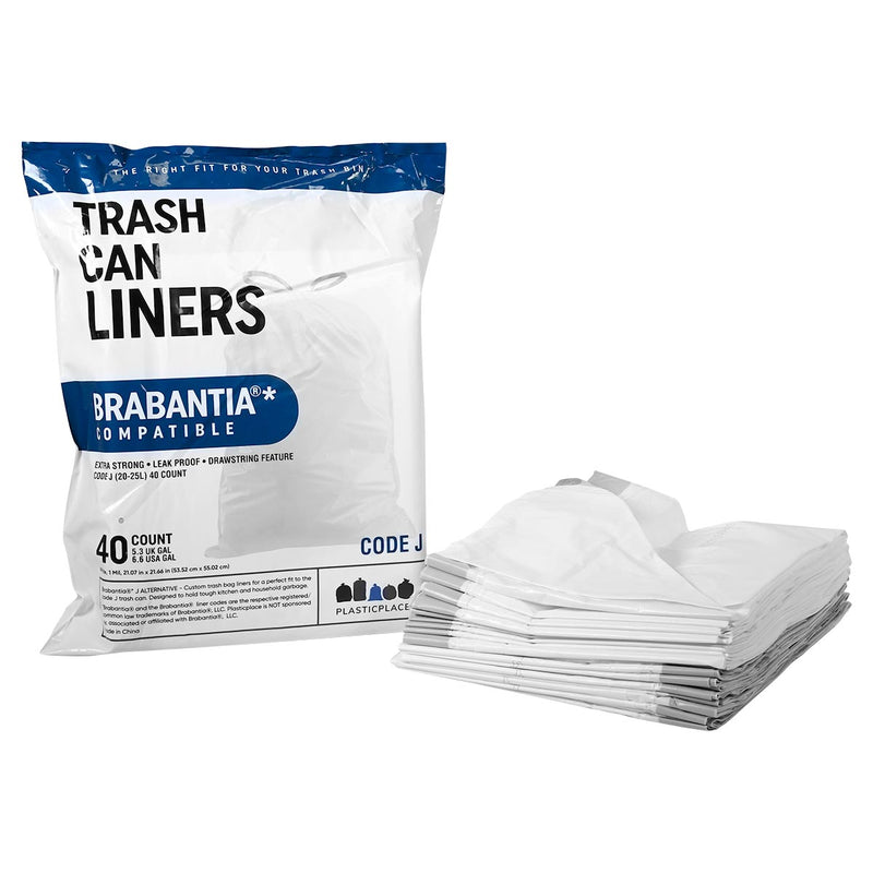 Plasticplace 5.3-6.6 Gallon Brabantia (x) Compatible Code J Trash Bags, 1.0 Mil, White Bin LIners, 21"W x 21.5"H (40 Count)