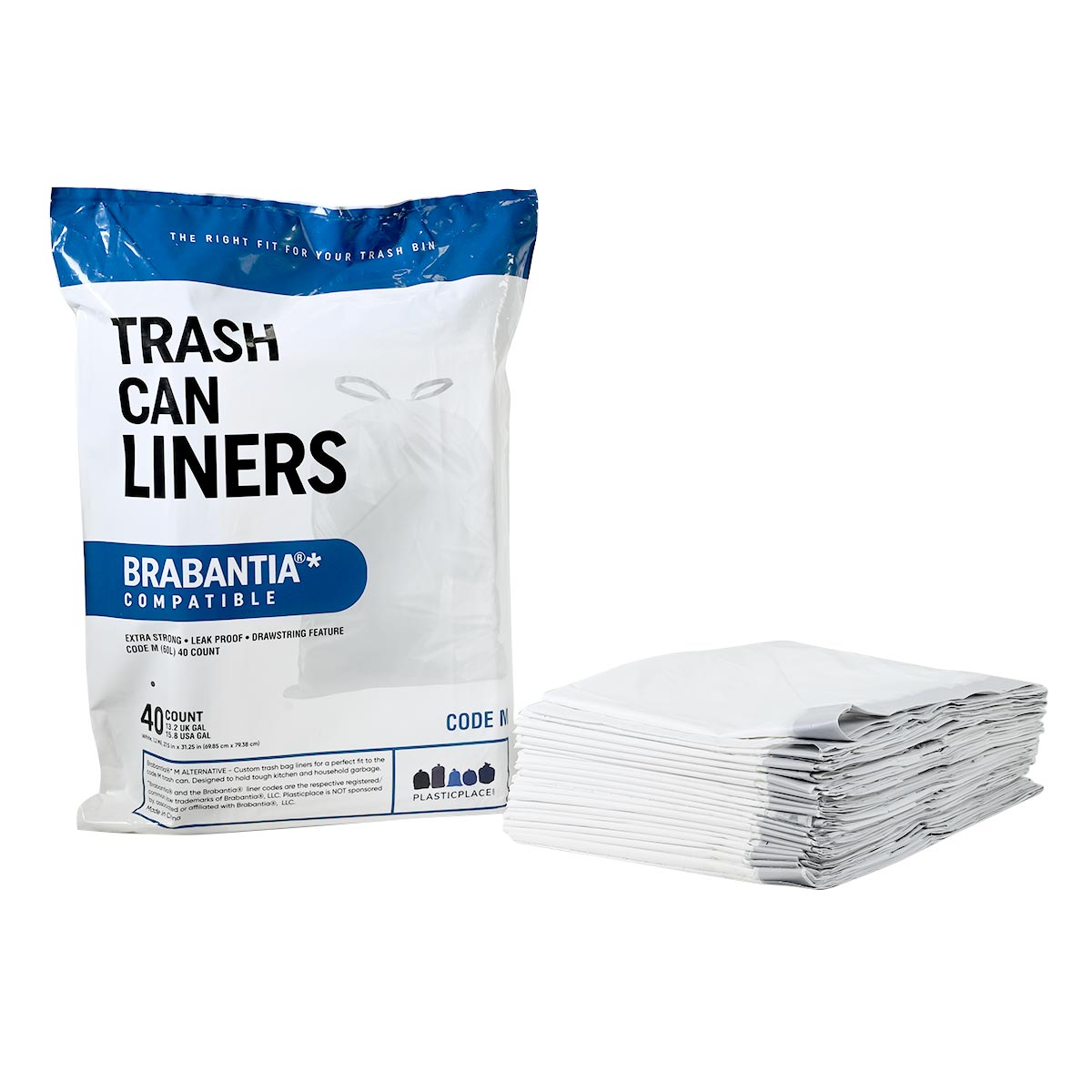 Plasticplace Bin Liners 8 Gal / 30 Litre Compatible with Brabantia (x) Code O, 1.2 Mil Thick, White Trash Bags, 17.5"W x 30"H, (40 Case)
