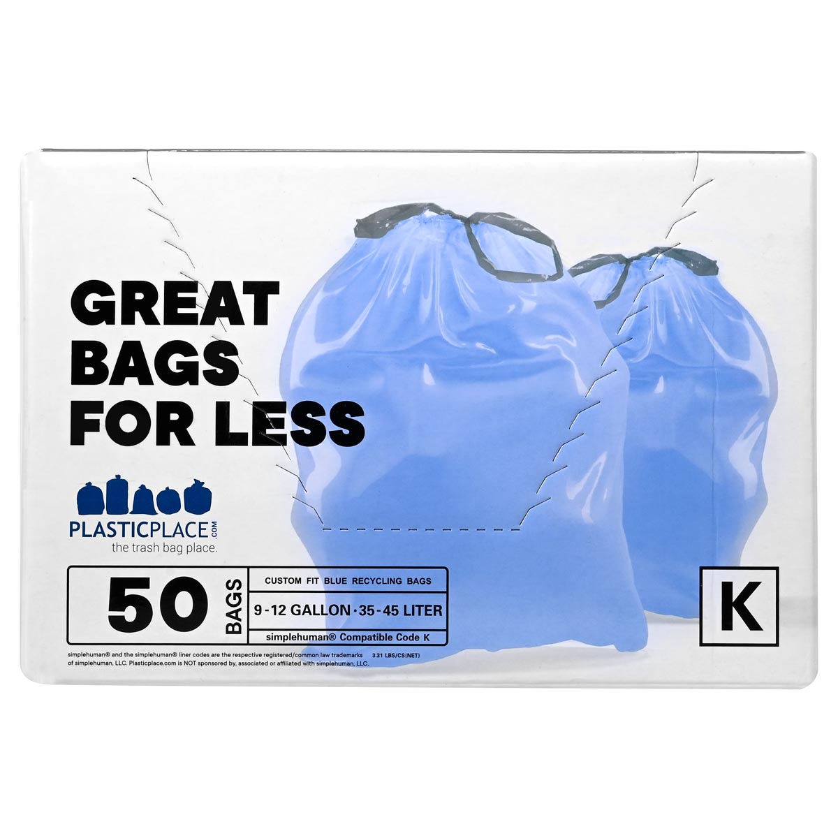 10 Gallon Simplehuman Compatible Blue Trash Bags Code K