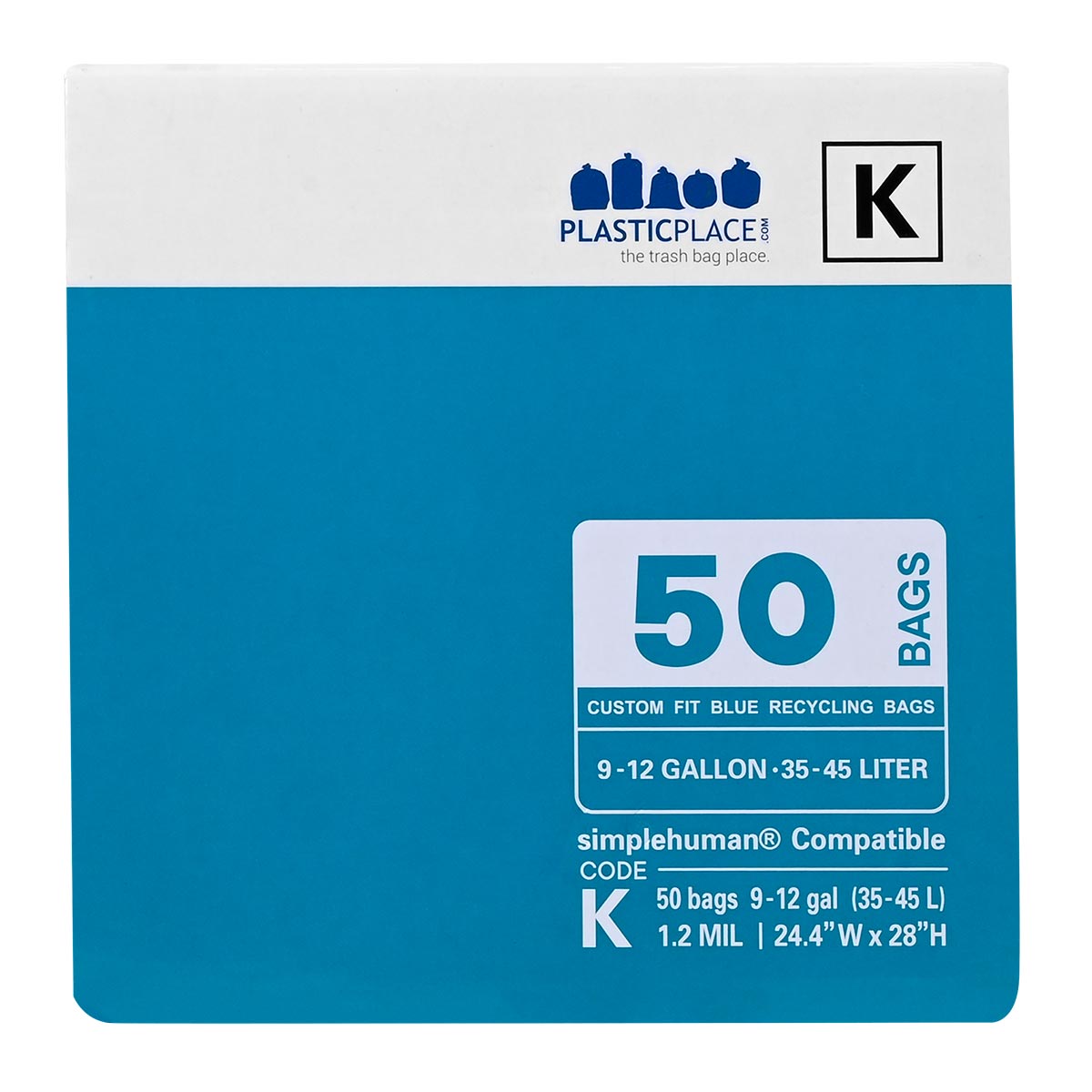 Plasticplace Code K - Simplehuman® Compatible Blue Trash Bags - 10 Gallon, 1.2 Mil - 300 Count Bulk Pack