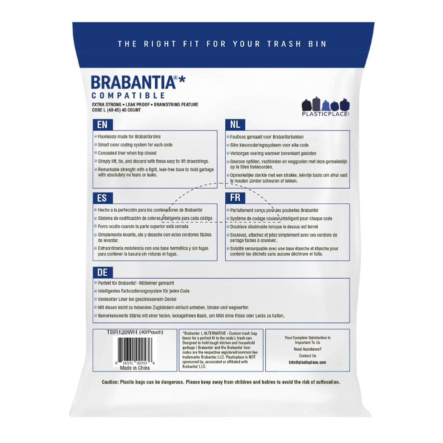 Plasticplace 10.6-12 Gallon Brabantia (x) Compatible Code L Trash Bags, 1.2 Mil, White Bin Liners, 21"W x 32.5"H, (40 Count)