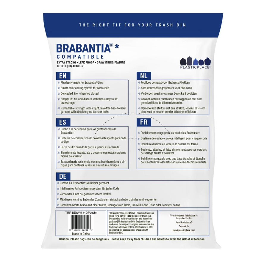Plasticplace Bin Liners 8 Gal / 30 Litre Compatible with Brabantia (x) Code O, 1.2 Mil Thick, White Trash Bags, 17.5"W x 30"H, (40 Case)