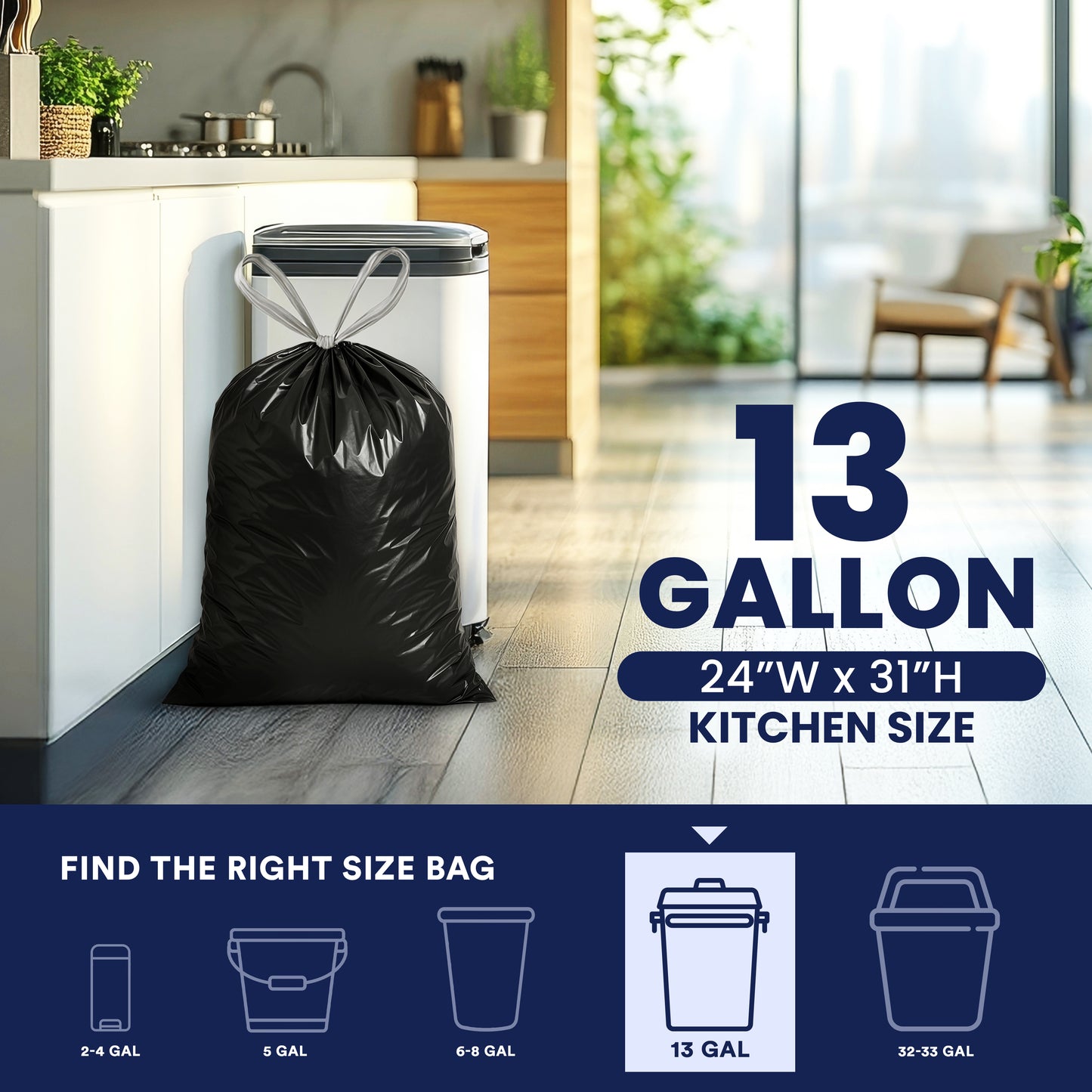 13 Gallon Extra Tall Black Drawstring Bags - 1.2 Mil - 200/Case