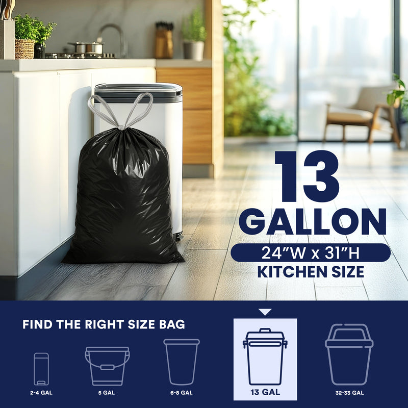 13 Gallon Extra Tall Black Drawstring Bags - 1.2 Mil - 200/Case