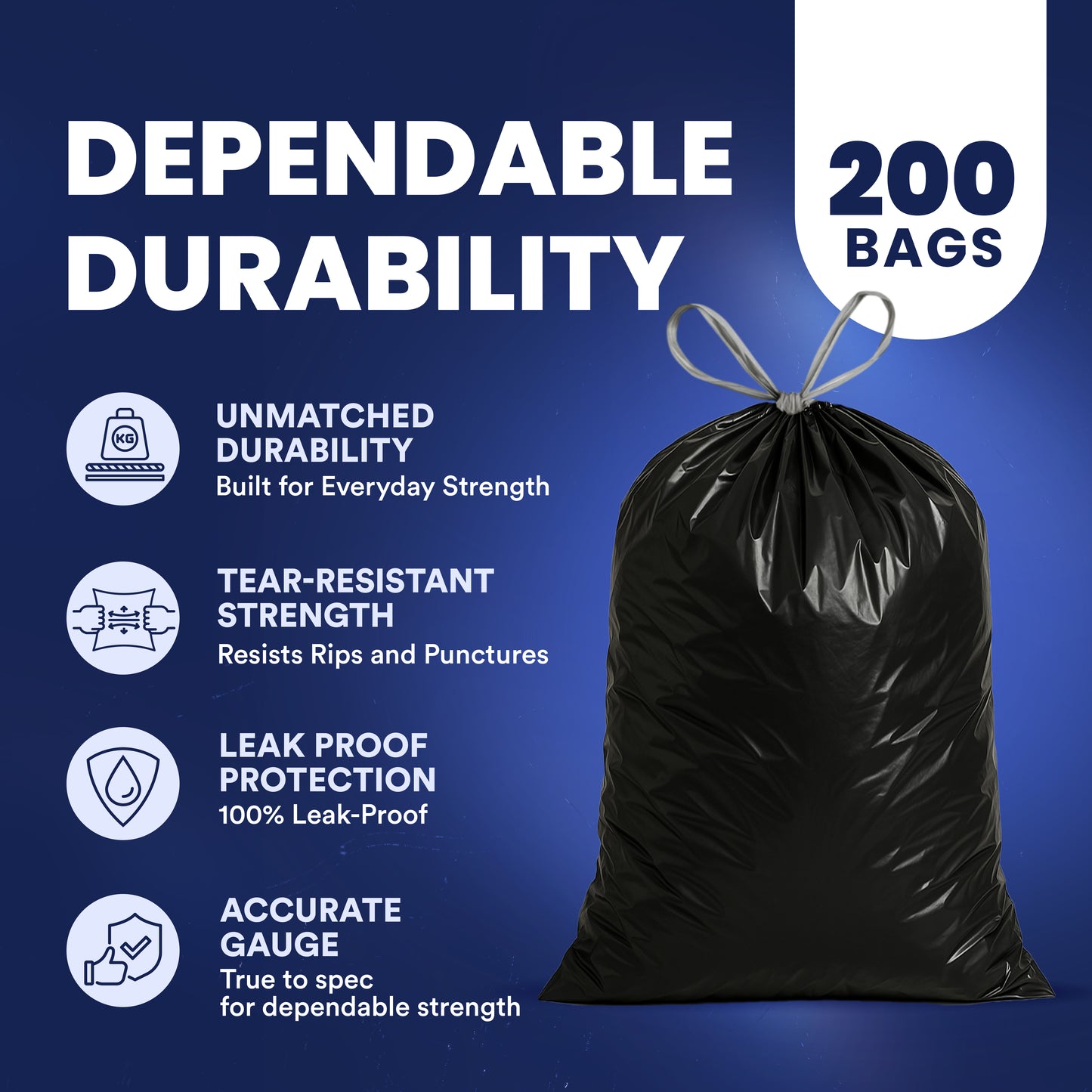 13 Gallon Extra Tall Black Drawstring Bags - 1.2 Mil - 200/Case