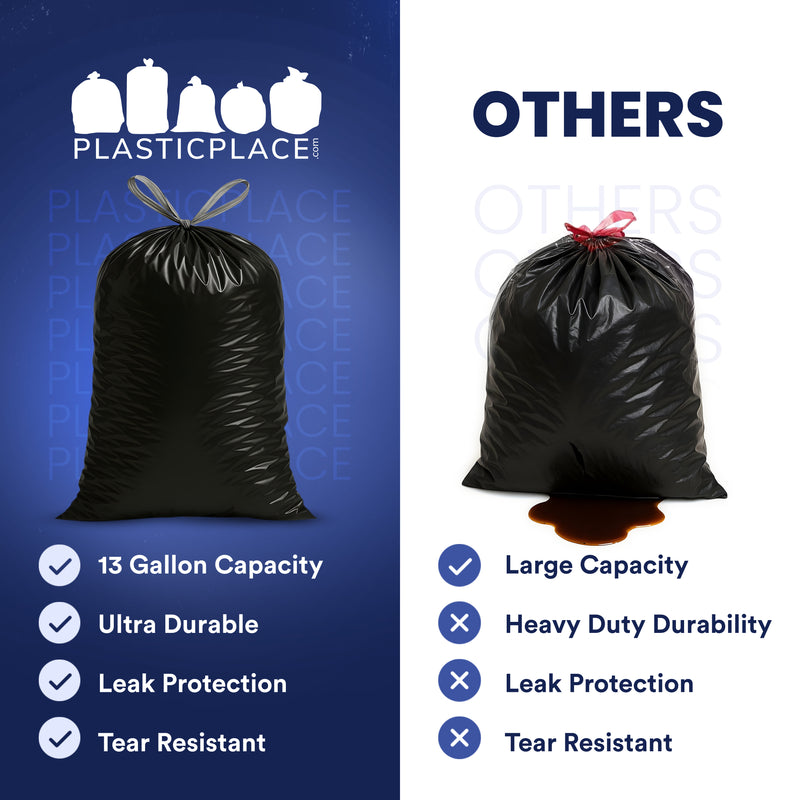 13 Gallon Extra Tall Black Drawstring Bags - 1.2 Mil - 200/Case