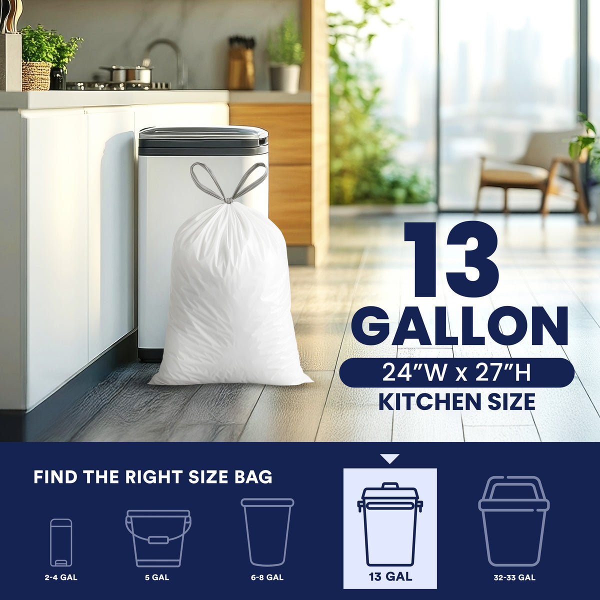 13 Gallon Drawstring Bags - 0.9 Mil - 200/Case