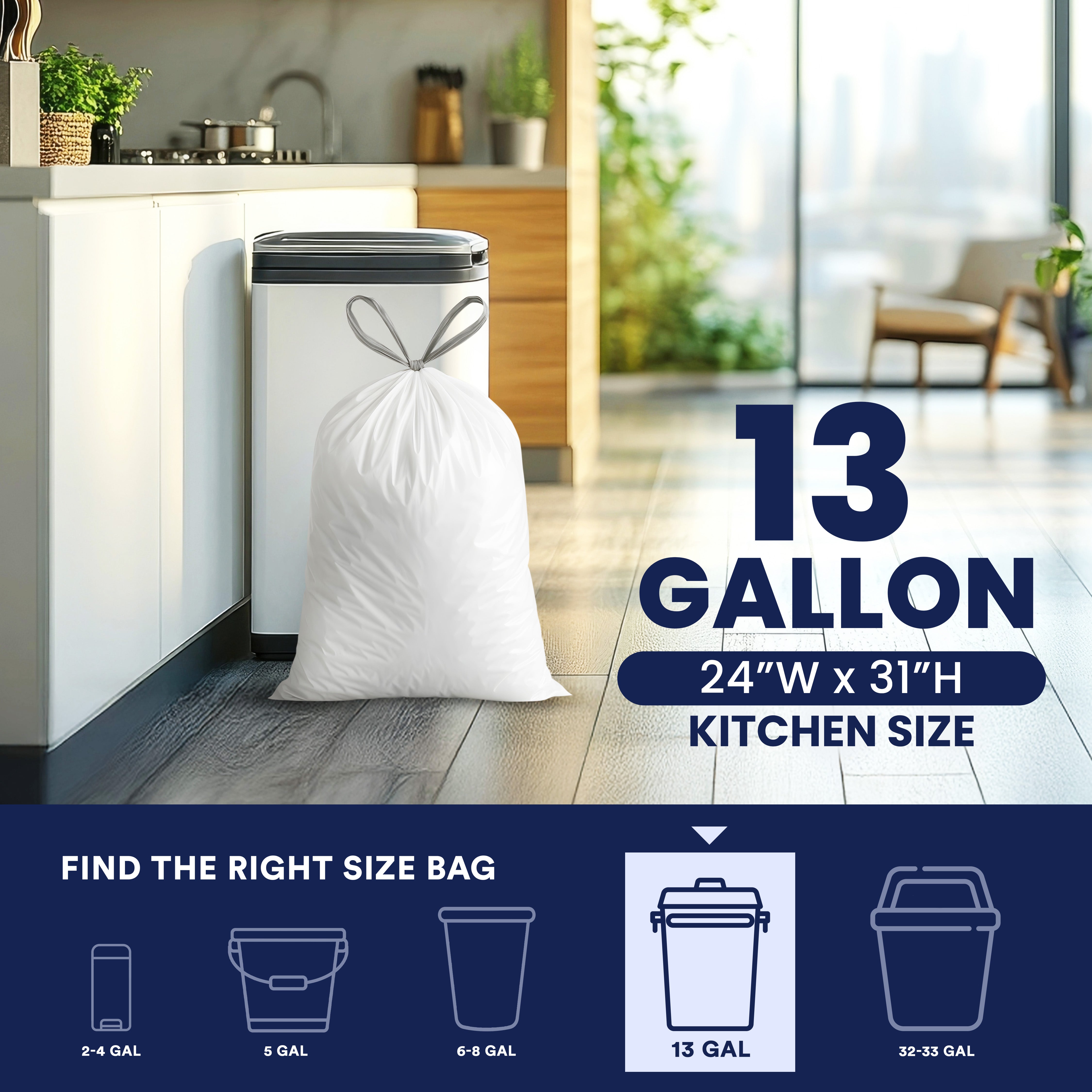 13 Gallon Extra Tall White Drawstring Bags - 1.2 Mil - 200/Case