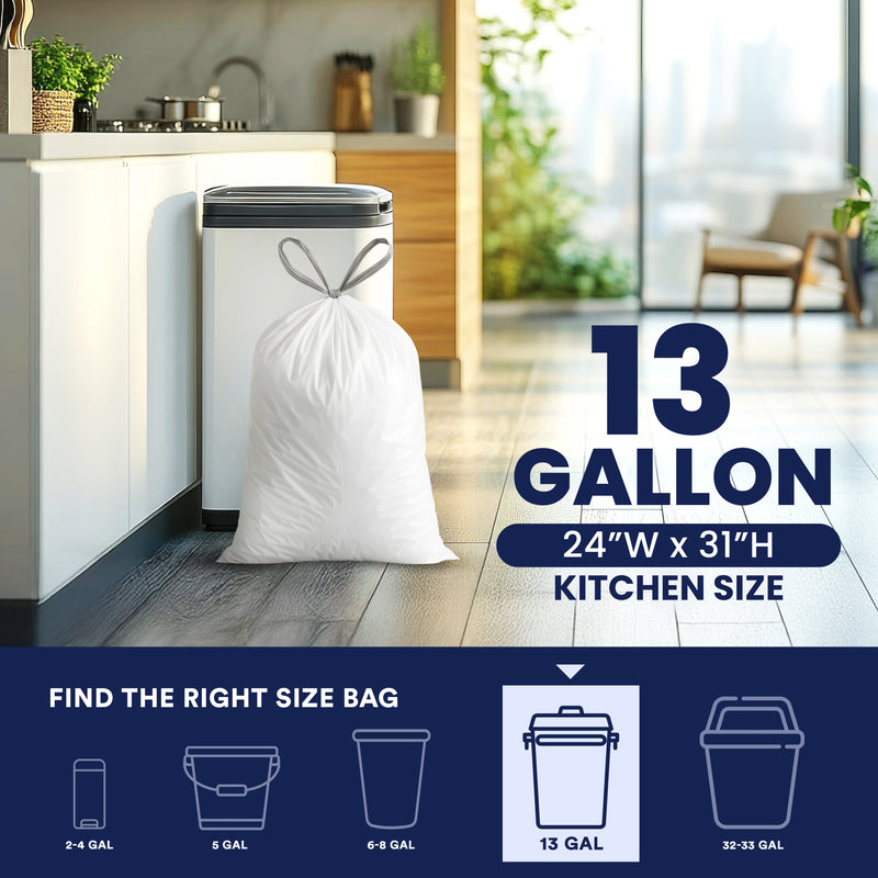 13 Gallon Extra Tall White Drawstring Bags - 1.2 Mil - 200/Case