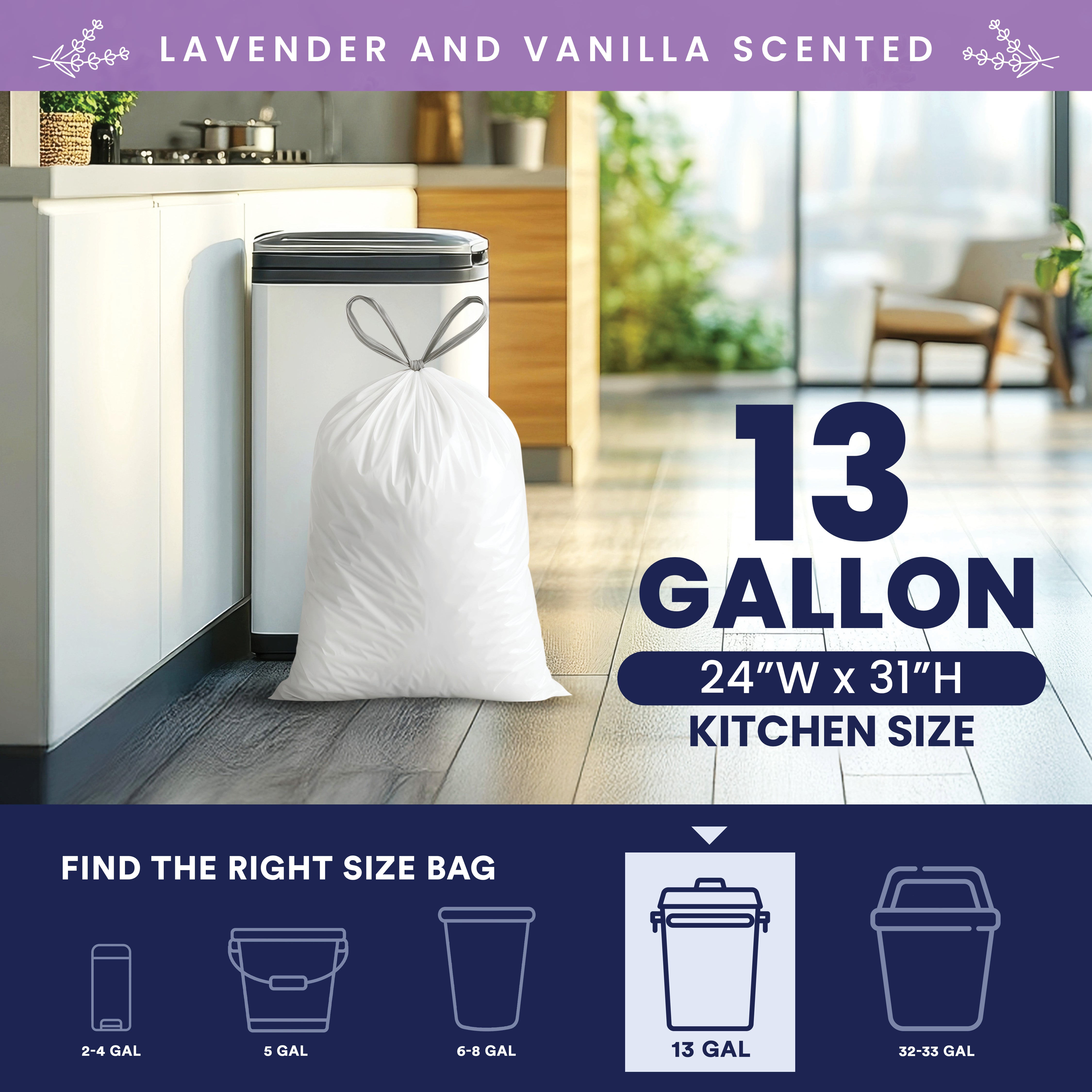 Wholesale 13 Gallon Extra Tall  Drawstring Trash Bags, 1.2 Mil Lavender & Vanilla Scented - 300 Count