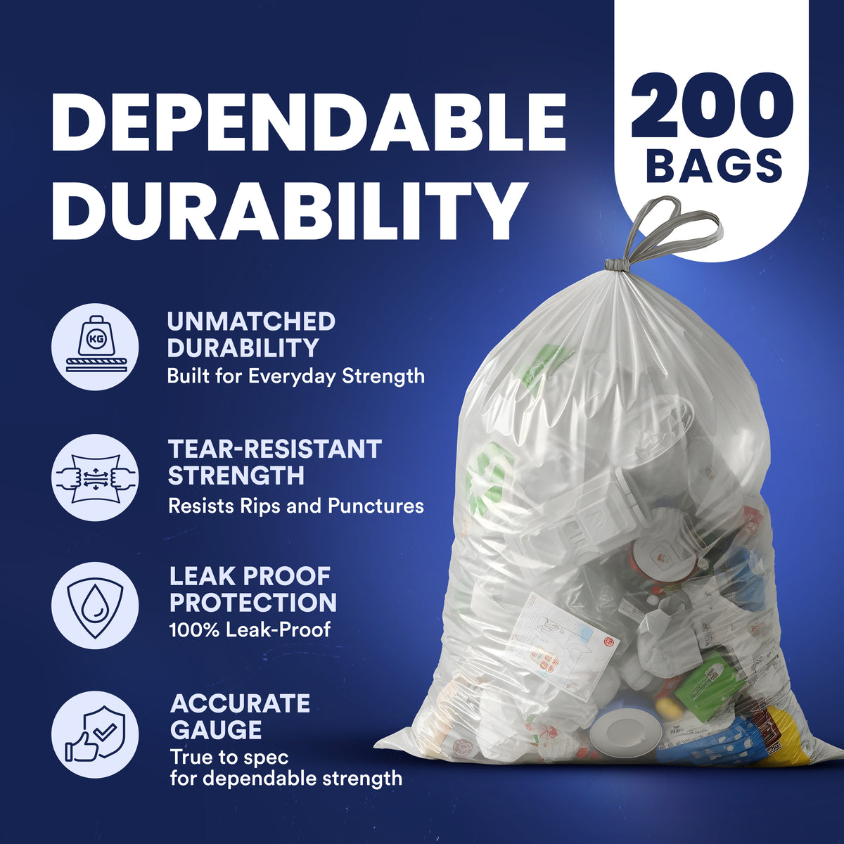 13 Gallon Extra Tall Clear Drawstring Bags - 1.0 Mil - 200/Case